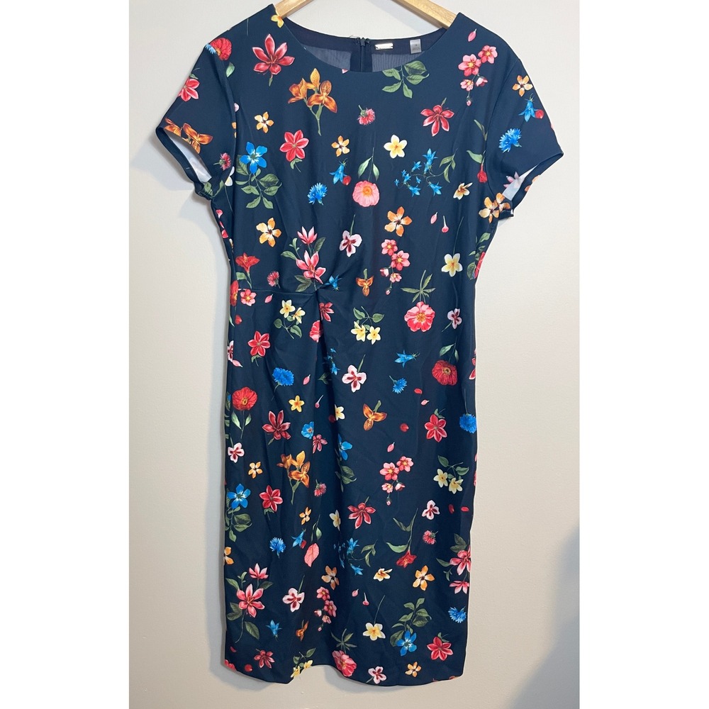 T Tahari Navy Floral Twist Waist Sheath Dress Size 14 Twist Waist Short Sleeve